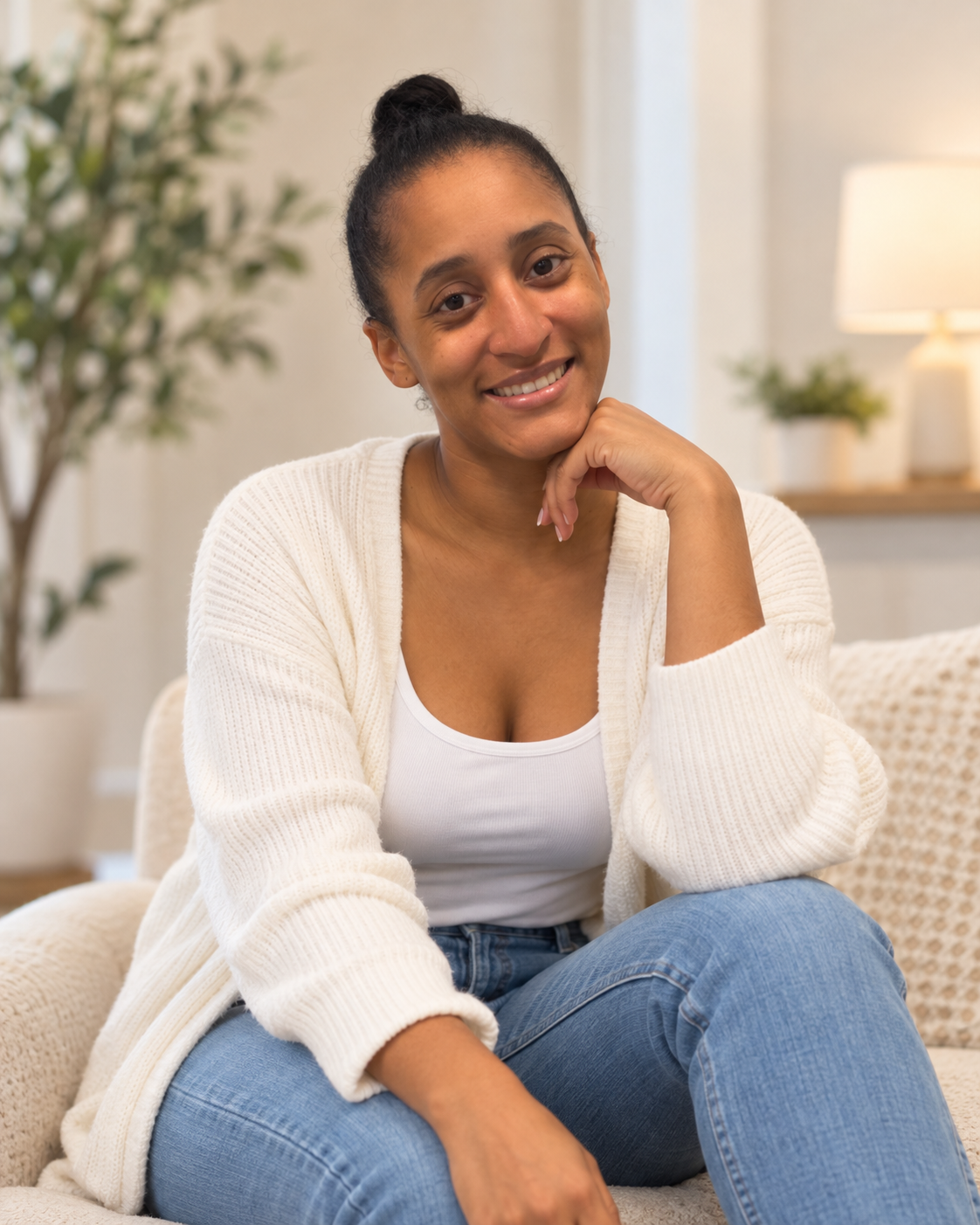Keona Jones smiling in a white cardigan and jeans